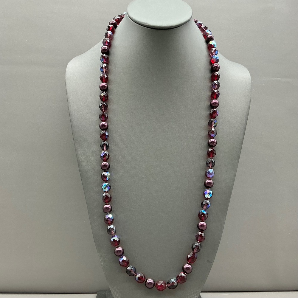Necklace Burgundy Red Glass Faceted AB Iridescent Plum Beaded Statement 26"